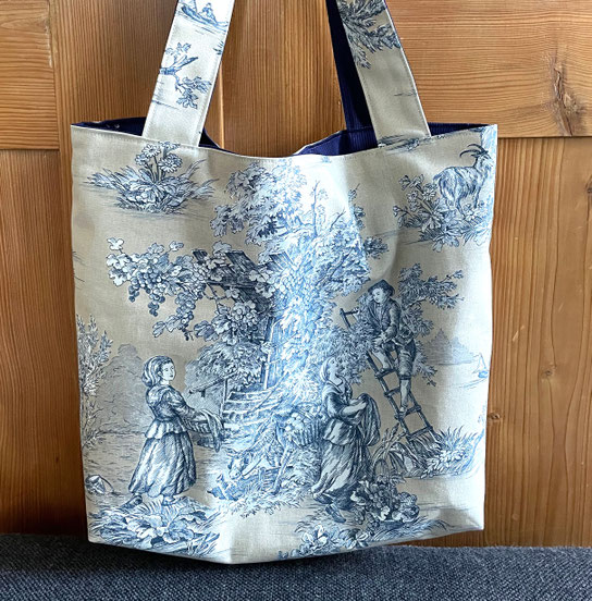 Shopper aus Toile de Jouy in beige-blau, reine Baumwolle