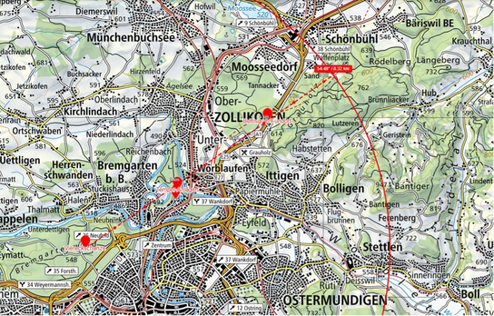 Übersichtskarte Astronomische Kultlinie SW-NE nach Kurt Derungs. Karte ©swisstopo