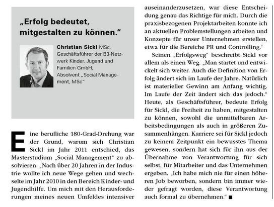 Interview Christian Sickl MSc anlässlich der 20-Jahr-Jubiläumsausgabe des Donau-Uni-Krems Magazins