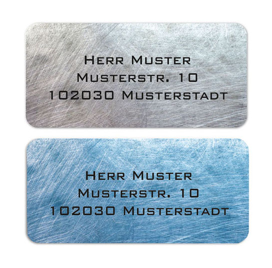 eckige Adressaufkleber mit gebürsteter Metalloptik, auf umweltfreundlichen PVC-freien selbstklebenden Papier, wasserfest