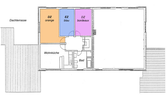 Grundriss der Ferienwohnung mit Lageplan der Zimmer "Orange", "Blau" und "Bordeaux" - Foto: KÄPPLER FeWo, Stade