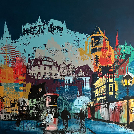 Unterwegs durch Marburg, Siebdruck und Mischtechnik auf Leinwand, 110x110cm, 2025, 3.500€