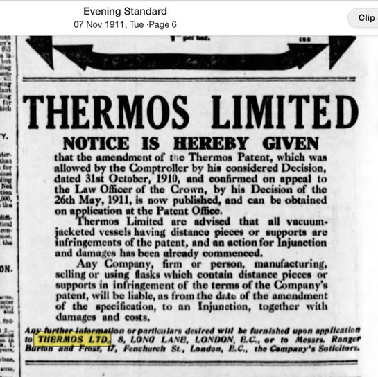 Anzeige im Evening Standard vom 7.11.1911 der Fa. Thermos Limited