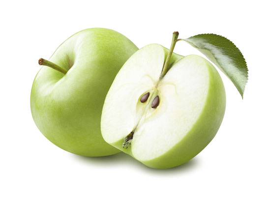 grüner Granny Smith Apfel und angeschnittener grüner Granny Smith Apfel mit grünem einzelnen Blatt