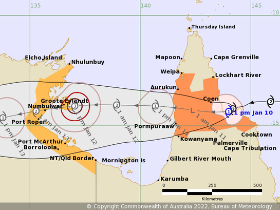 Track map of Tropical Cyclone Tiffany (10/01/2022 4PM AEST). From www.bom.gov.au.
