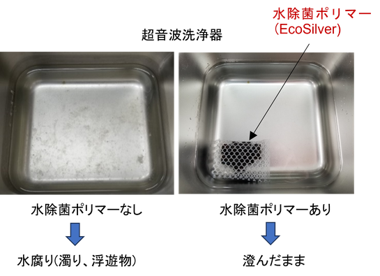 水除菌ポリマーを入れておくだけで水替えをしなくても超音波洗浄器の水をきれいに保てます