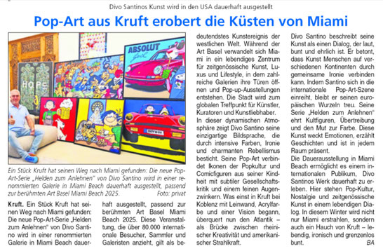 Zeitungsartikel über Divo Santino: Pop-Art Serie Helden zum Anlehnen bei der Art Basel Miami Beach 2025.