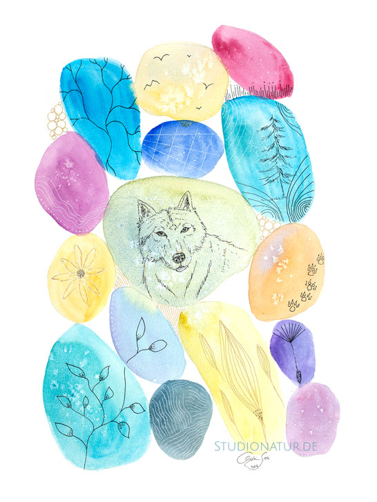 Wolf, Seelensteine, Kieselbild, pepples painting, kreiskunst, circleart, zentangle, watercolour, watercolor, Aquarell, Kunst, art, Original, Kunstwerk