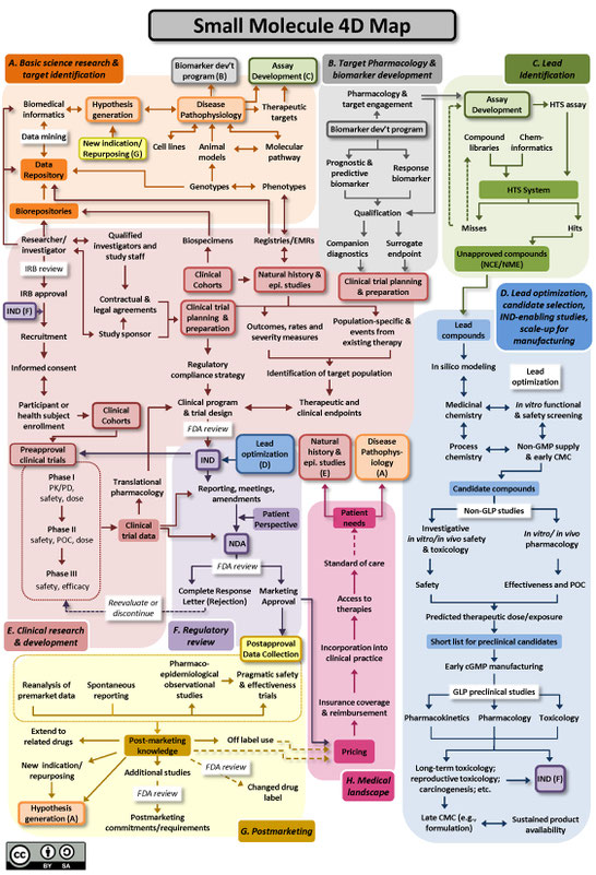 Map depicting the interconnected nature of key steps in the drug development lifecycle for small molecules.