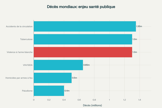 Ampleur mondiale du phénomène : la violence à l'arme blanche comparée aux principales causes de mortalité (décès annuels en millions)