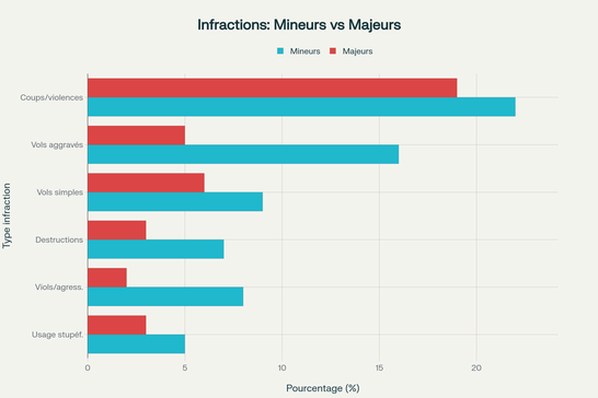 Comparaison des types d'infractions commises par les mineurs et les majeurs en France (en pourcentage)