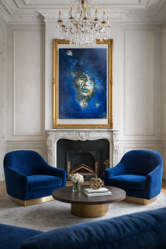 Mise en scène d’un appartement haussmannien, où le bleu profond et les matières nobles subliment le volume et révèlent tout le potentiel de ce bien d’exception