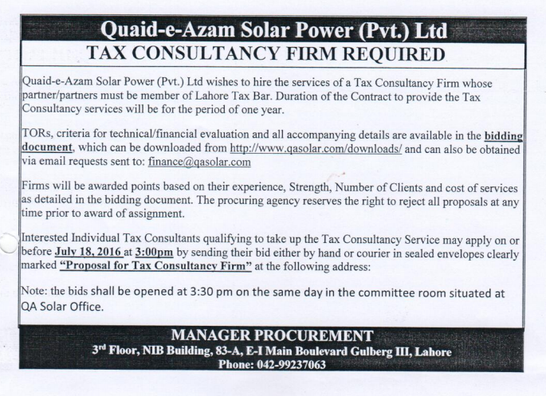 Tender Notice for hiring of Tax Consultancy Firm valid till 18th July 2016 