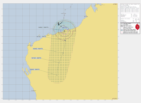 Track map and details of severe tropical cyclone Zelia, February 14 2025. From JTWC.