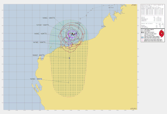 Track map and details of severe tropical cyclone Zelia, February 13 2025. From JTWC.