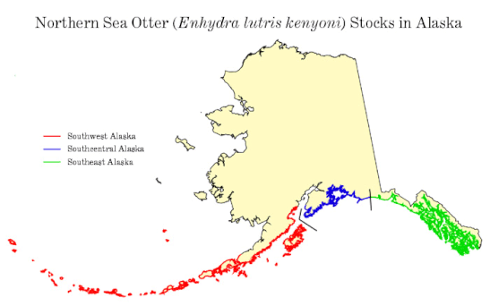 アラスカ州におけるラッコの分布 (USFWS)