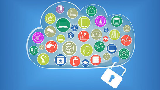 Multicolored icons on a pallet with a padlock on it. Icons are a house, Databases, laptop, computer screen, play button, watch, water tap, lightbulb, Hard disk array, electrical cord, camera, mobile phone, antenna 