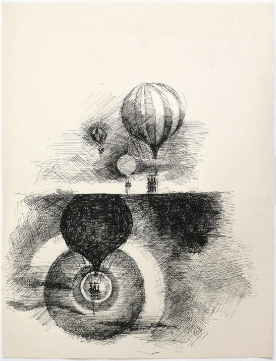 Fesselballone, Federzeichnung Tusche auf Papier