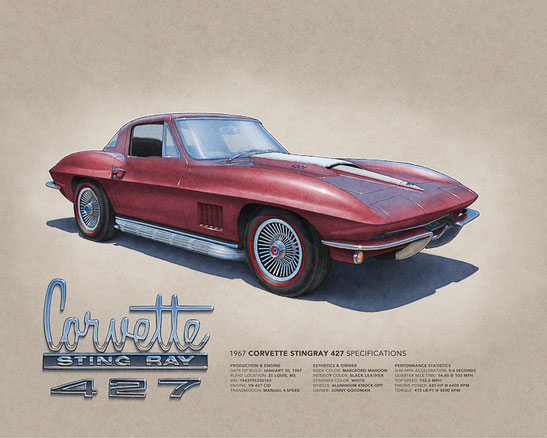 1967 Corvette Sting Ray printed drawing - 3 sizes available - Lemireart Alain Lemire