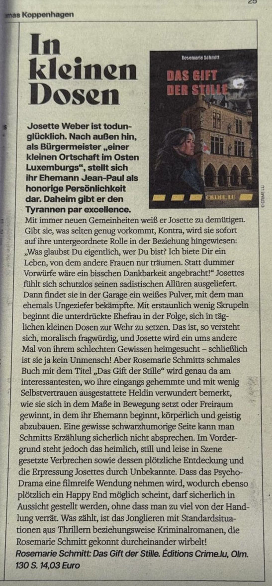 Rezension Das Gift der Stille von Rosemarie Schmitt, Krimi, schwarzer Humor, Luxemburg, Thriller, filmreif, Psychodrama