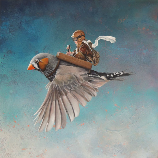 Peinture, Contemporaryart, bird, oiseau, aviateur, couleurs, humour