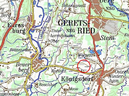 Das Weidfilz befindet sich ca. 500 m westlich der Ortschaft Königsdorf an der Staatsstraße 2064 (Quelle: ATKIS® DTK200-V, © Bundesamt für Kartographie und Geodäsie 2003)