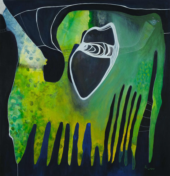 Kunstwerk auf Papier, gemalt  mit Gouache, Tusche, Aquarellfarbe, Stiften etc.