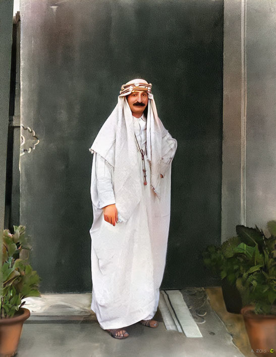 1936 : Meher Baba wearing  Arabian clothing brought back by the Jaffers from their trip to Mecca, being photographed in a studio in Nasik, India. Image rendition by Anthony Zois.