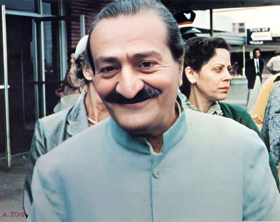 1956 : Meher Baba at San Francisco Int. Airport. Adele standing behind. Image rendered by Anthony Zois.