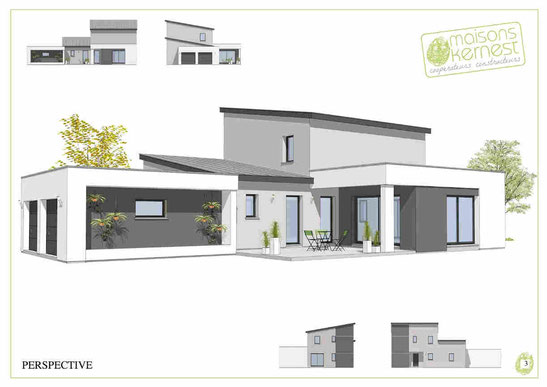 maison à étage, enduit gris et blanc, double garage, toit monopente en zinc ou bac acier
