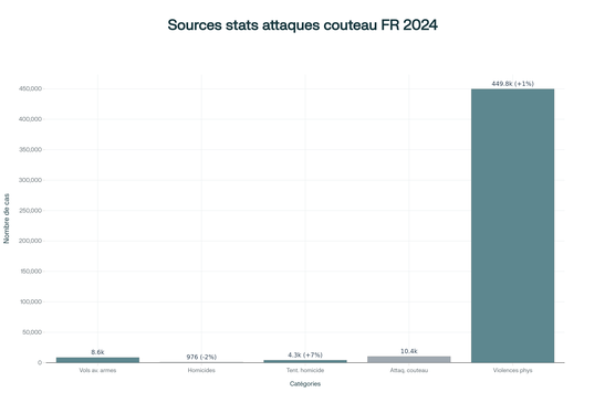 Répartition des sources statistiques officielles et médiatiques concernant les violences par armes en France en 2024, illustrant l'absence de catégorie spécifique pour les attaques au couteau
