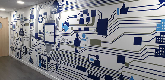 Réalisation fesque pour le groupe Xelians Résultat final de la collaboration avec le groupe XELIANS qui m'a fait confiance pour la réalisation d'une peinture murale unique en son genre, conçue spécialement pour répondre a leurs besoins