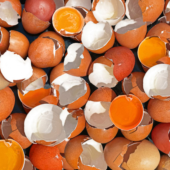 Modernes Wandbild Broken Eggs von Divo Santino, Fotografie auf Alu-Dibond 100x100 cm, Makroaufnahme von Eierschalen für Küche und Gastronomie.
