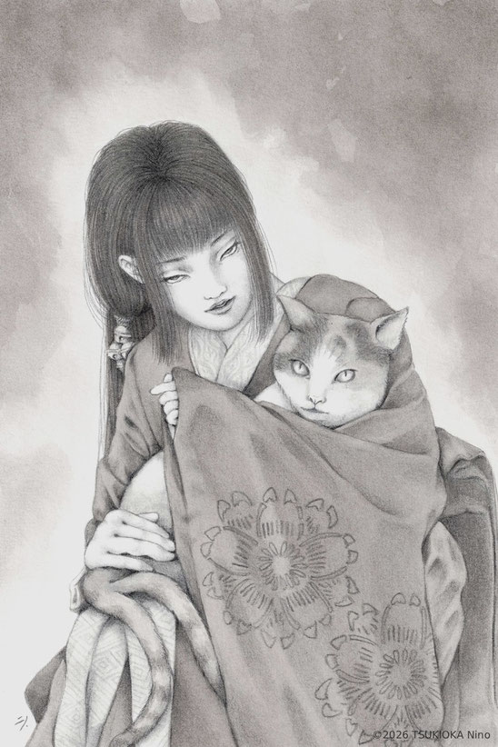日本の妖怪「猫又（ねこまた）」を描いたアナログイラスト