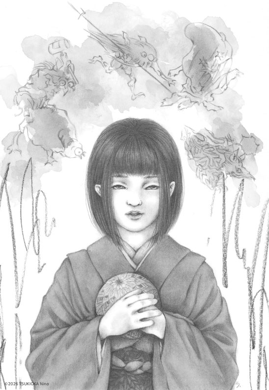 日本の妖怪「雪女（ゆきおんな）」を描いたアナログイラスト