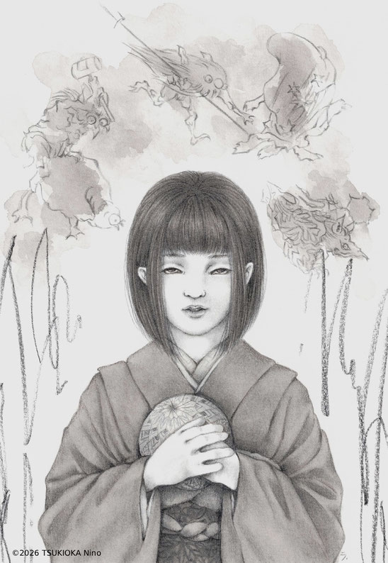 日本の妖怪「座敷童（ざしきわらし）」を描いたアナログイラスト