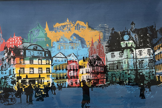 Marburger Marktplatz Nachtansicht, Siebdruck und Mischtechnik auf Papier, 35x50cm, 2025, limitierte Edition in Variation, 650€