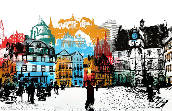 Marburger Marktplatz, Siebdruck und Mischtechnik auf Papier, 35x50cm, 2025, limitierte Edition in Variation, 650€