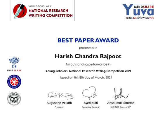 Certificate of Best paper Award in Young Scholars' National Research Writing Competition 2021.