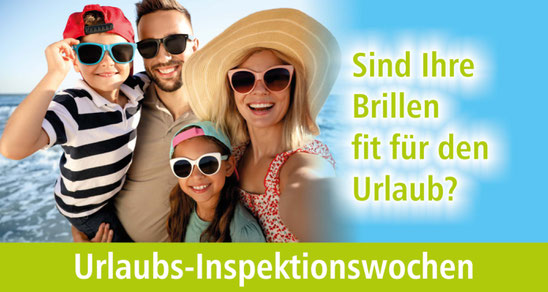 Familie mit Sonnenbrillen am Strand und Text: Sind Ihre Brillen fit für den Urlaub?