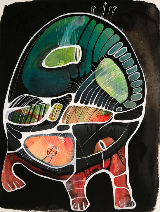 Kunstwerk auf Papier, gemalt  mit Gouache, Tusche, Aquarellfarbe, Stiften etc.