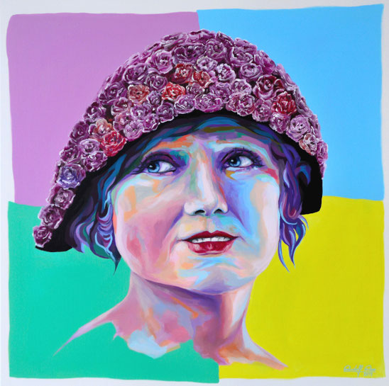 Pop-Art Gemälde einer jungen Frau mit einem Hut aus roten Rosen, mit Acrylfarben auf Leinwand gemalt.