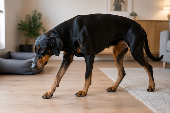 Dobermann mit vorsichtiger Kopfhaltung in häuslicher Umgebung bei Wobbler-Syndrom.