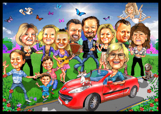 Karikaturen zeichnen lassen. Versammlung einer großen Familie.
