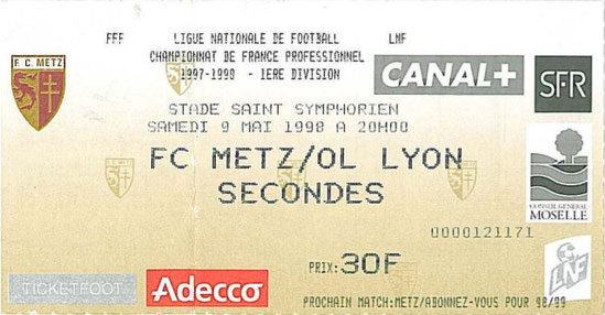 9 mai 1998: FC Metz - Lyon - 34ème Journée - Championnat de France (1/0 - 17.952 spect.)