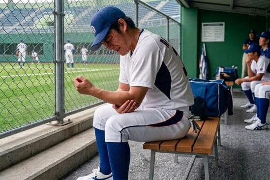 野球肘の痛みに苦悶の表情を浮かべ、ダグアウトのベンチに座りながら肘を押さえる日本人選手