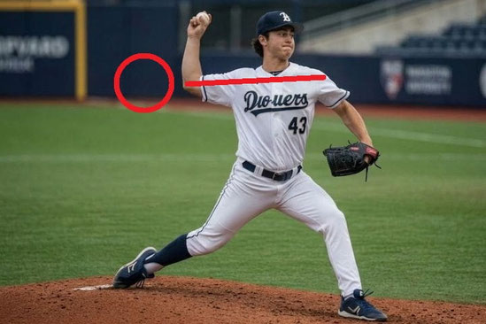 野球のピッチングフォームでトップの位置で肘が肩の高さまで上がっていて肘に負担がかかりにくい例
