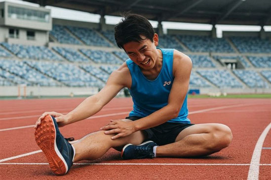 陸上競技場で座り込んで、顔をしかめながら痛めたハムストリング（太もも裏）を押さえる男性ランナー