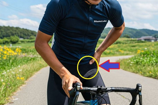 自転車の走行中に股関節の痛みが生じやすい部位を黄色い円と青い矢印で示している
