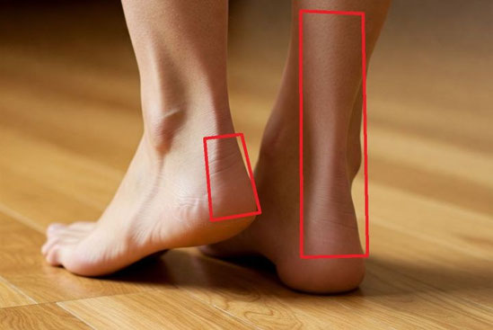 赤枠で囲ったアキレス腱から踵にかけて痛みが出やすい部位